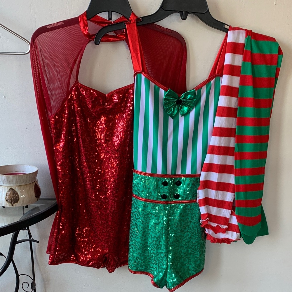 Two Festive Red and Green Sequin Leotards with two pairs tights